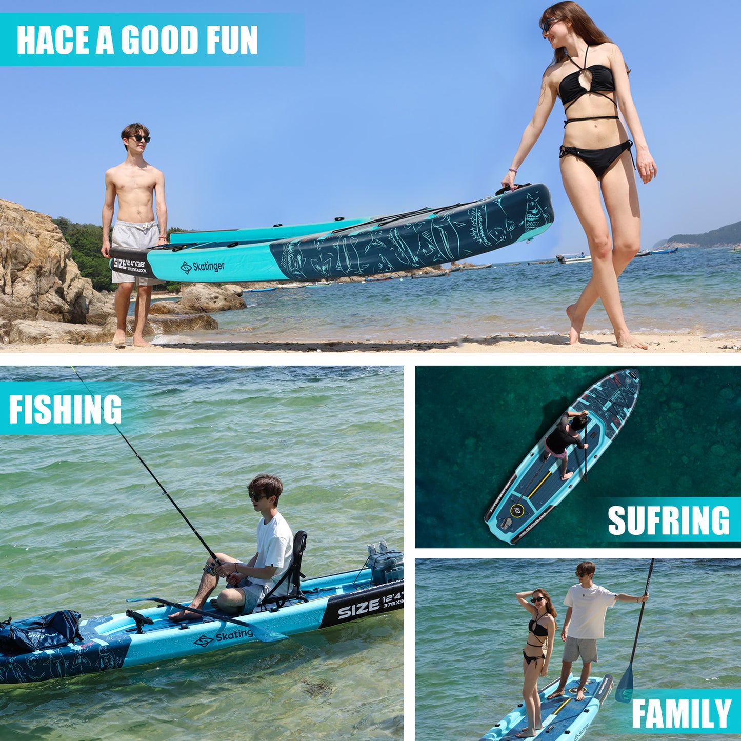 Angel-SUP 12′4″ – SKATINGER® aufblasbares Paddle Board für Angler