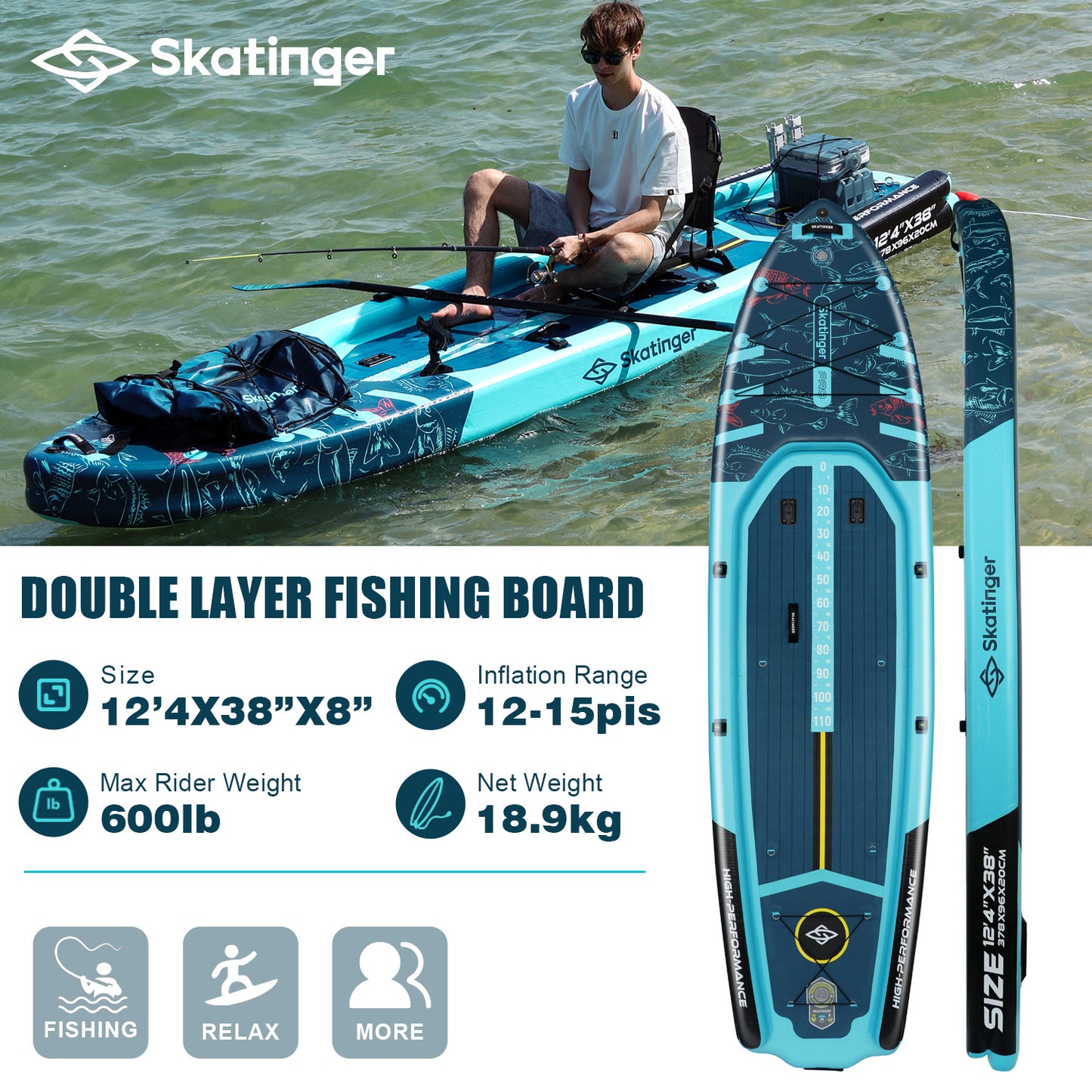 Angel-SUP 12′4″ – SKATINGER® aufblasbares Paddle Board für Angler