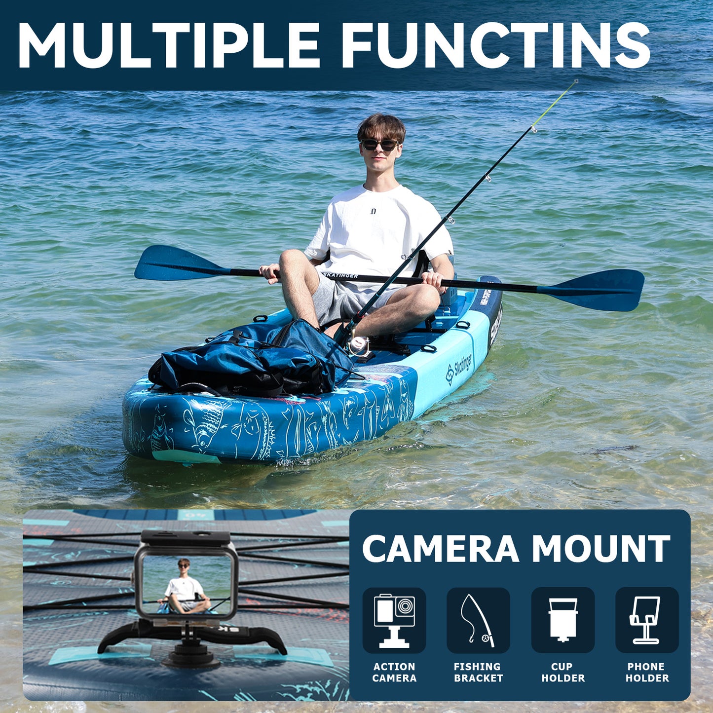 Angel-SUP 12′4″ – SKATINGER® aufblasbares Paddle Board für Angler