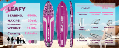 Leafy Expedition Pink 350x89x15 cm (11'6'') Yoga SUP Brett